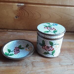 🌷Antique Chinese Cloisonne Enamel on Bronze Lidded Box and Plate - 3 Pieces 🌹